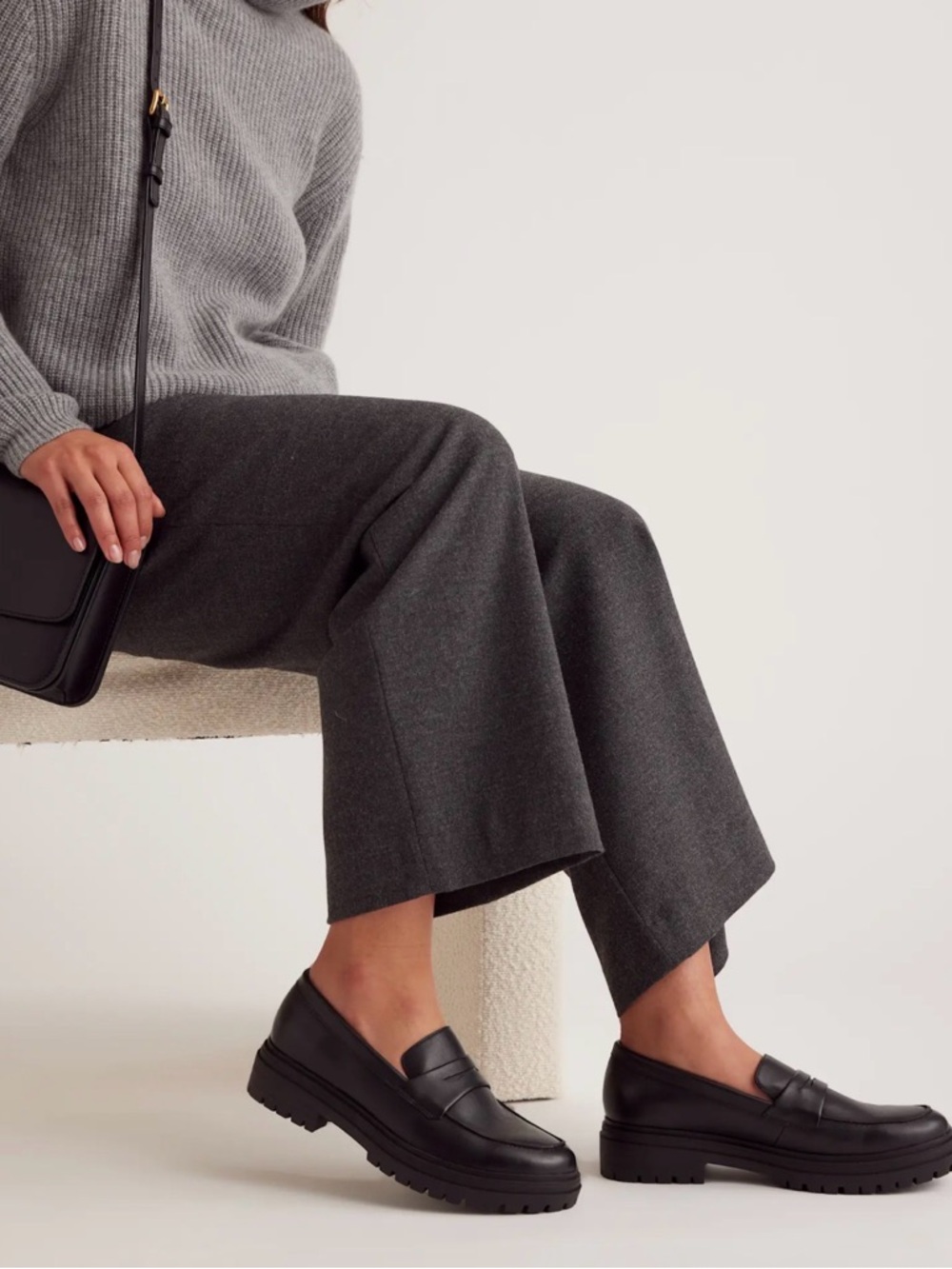 Black Leather Lug-Sole Penny Loafers - Women's